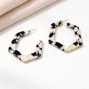 Black White Tortoiseshell Hexagon Hoops Resin Statement Earrings